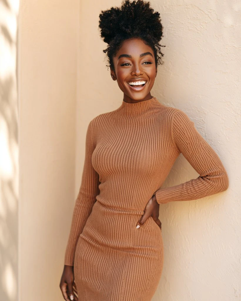 A laughing woman with a natural curly updo in a fitted camel ribbed dress leans against a sunlit wall