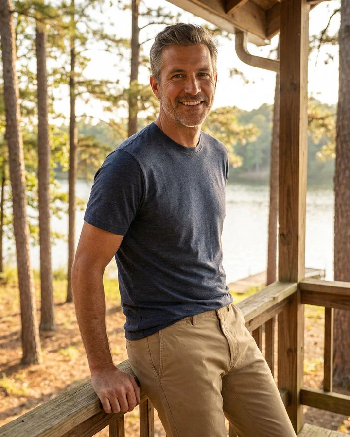 A smiling man in his 40s in a navy t-shirt on a lake house porch at golden hour