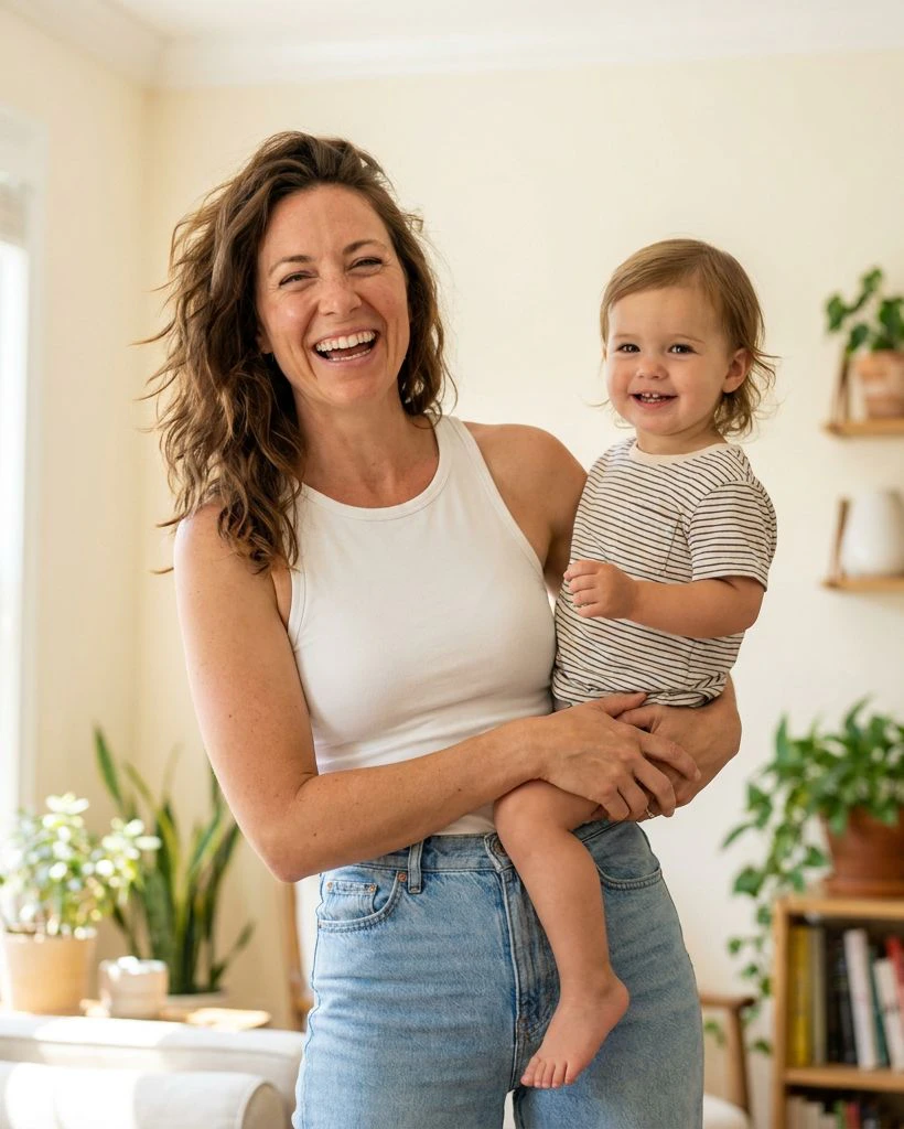 A laughing mother holds her toddler at home