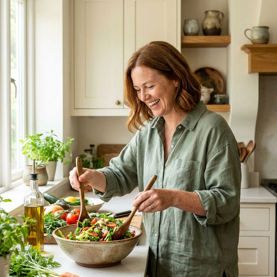 A smiling woman tosses a fresh salad in a sunlit kitchen