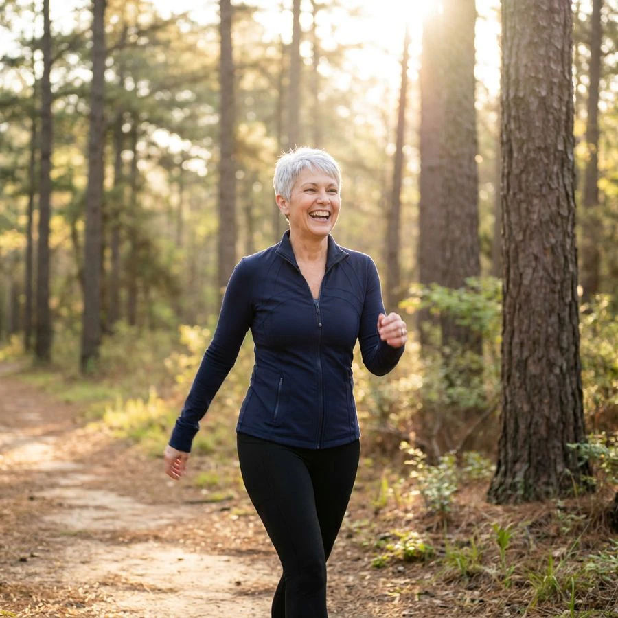 A laughing woman with silver hair walks a wooded trail in the morning sun