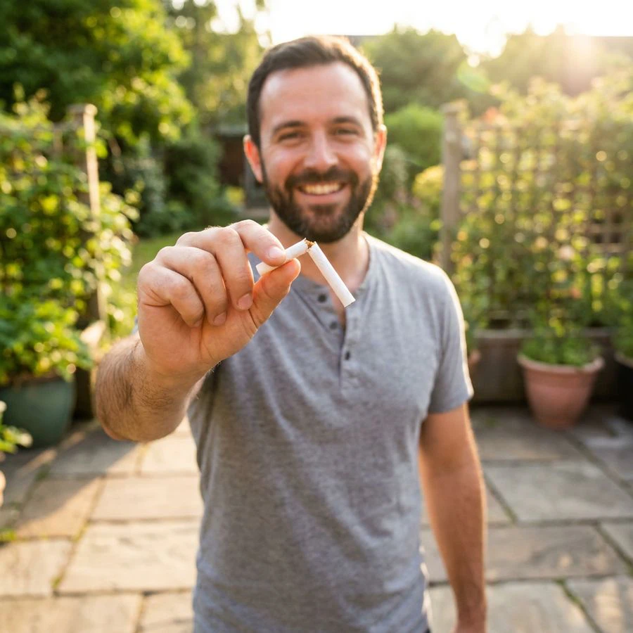 A smiling man holds up a cigarette he has snapped in half