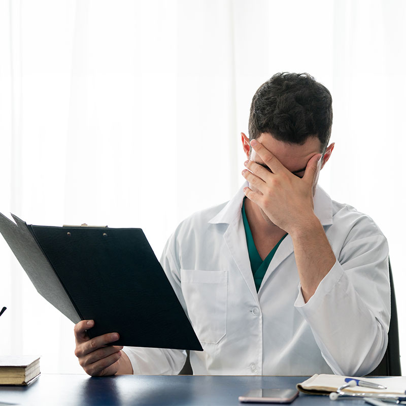 Doctor looking at a chart with disappointment