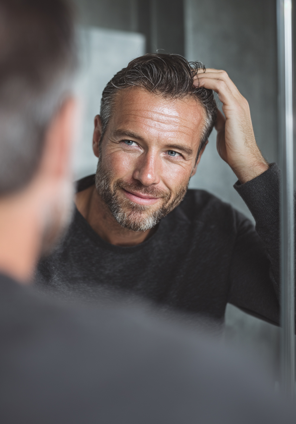 man examining his hairline in mirror