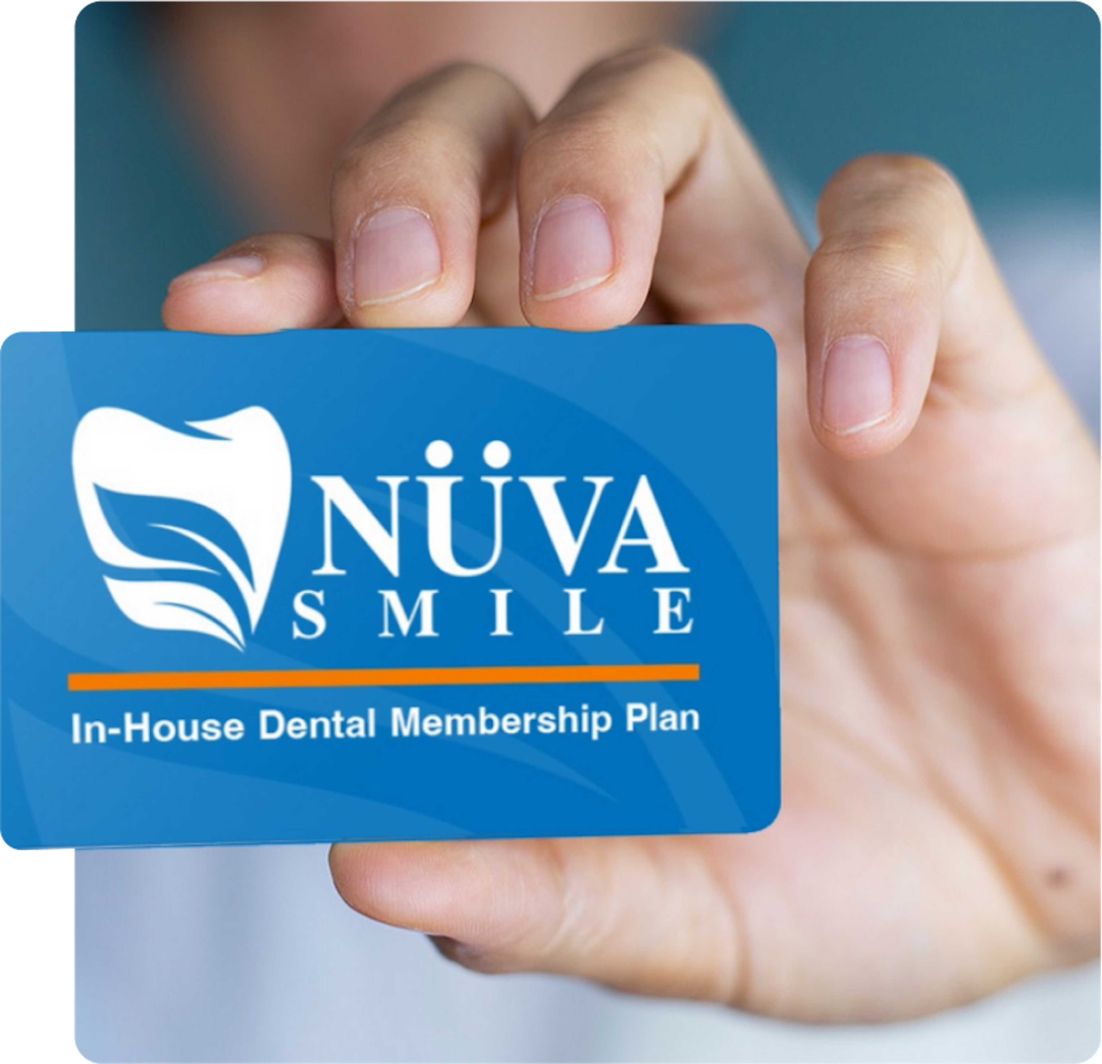 Patient holding a card for NUVA Smile in-house dental membership plan