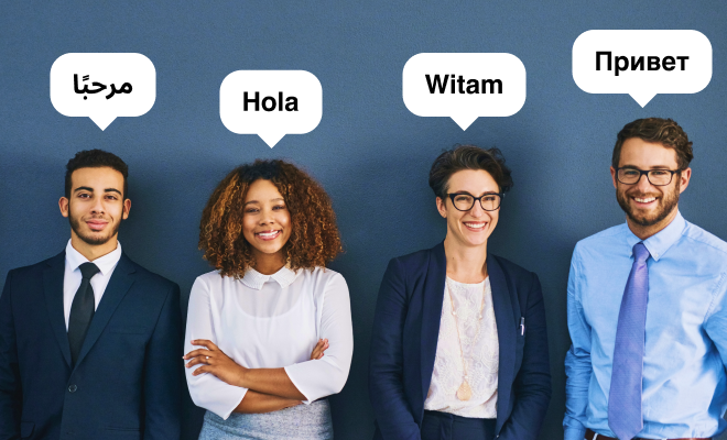Staff with speech bubbles in multiple languages