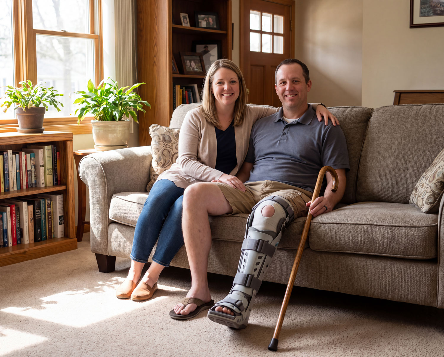 man with hurt leg sitting on couch with woman