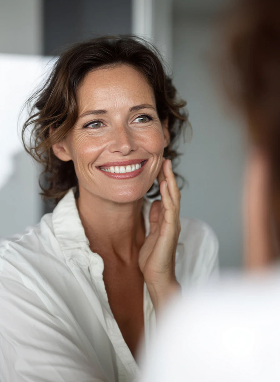 Smiling woman gently touching her face after a facelift procedure