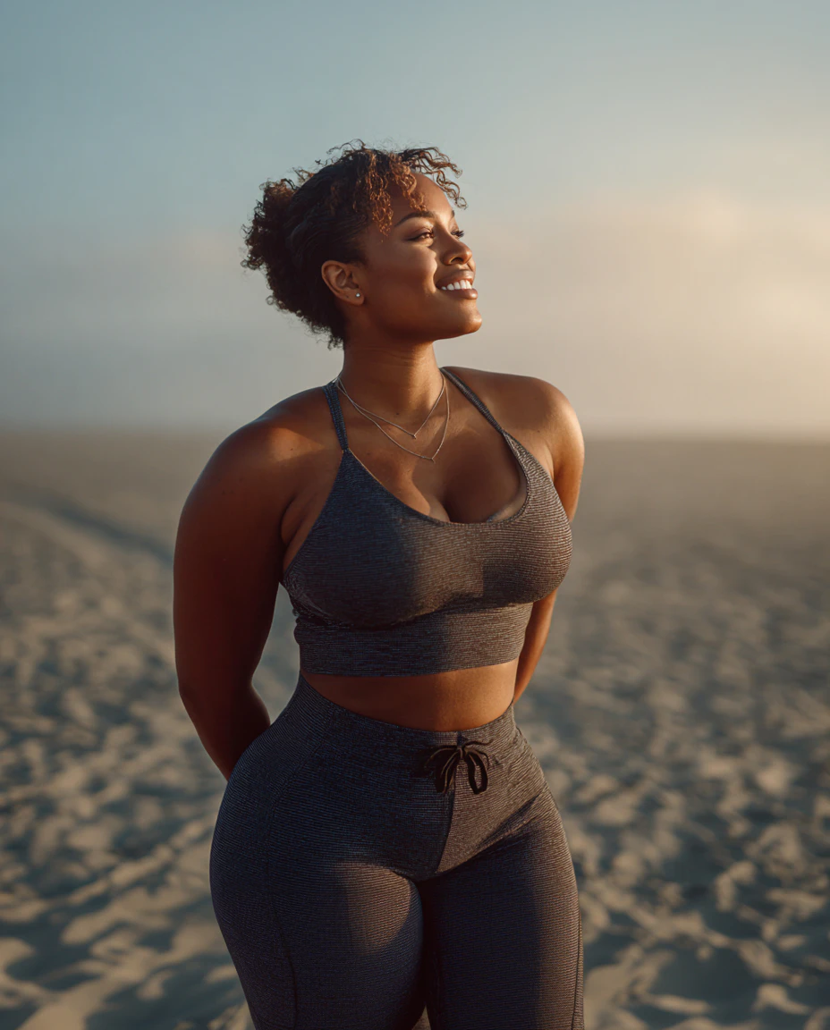 Woman in sports bra on a beach