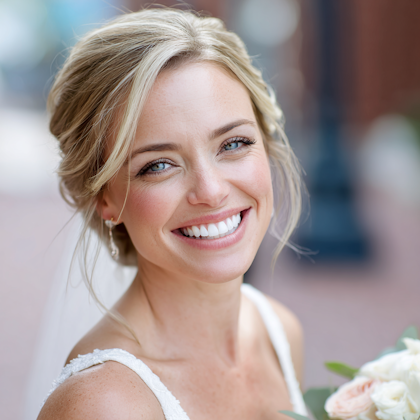 Blonde woman smiling on her wedding day