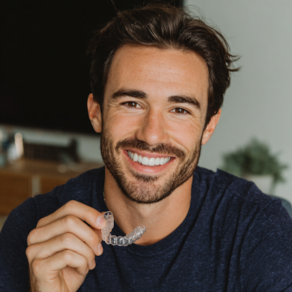 adult man smiling while holding Invisalign