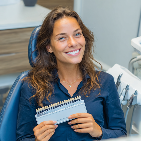 Woman in dental chair holding a veneers shade matching pallette smiling