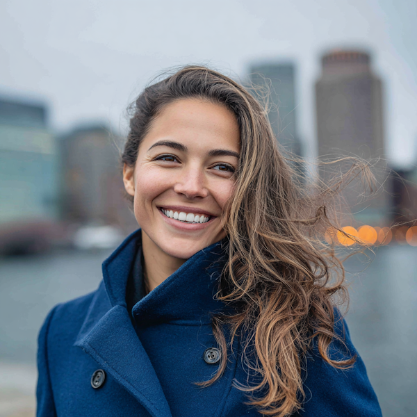 Woman in downtown Boston smiling