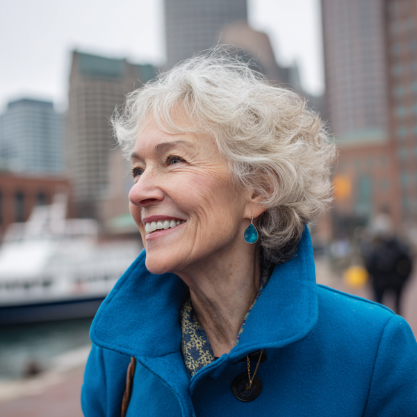 Mature Boston woman smiling, downtown Boston in the background