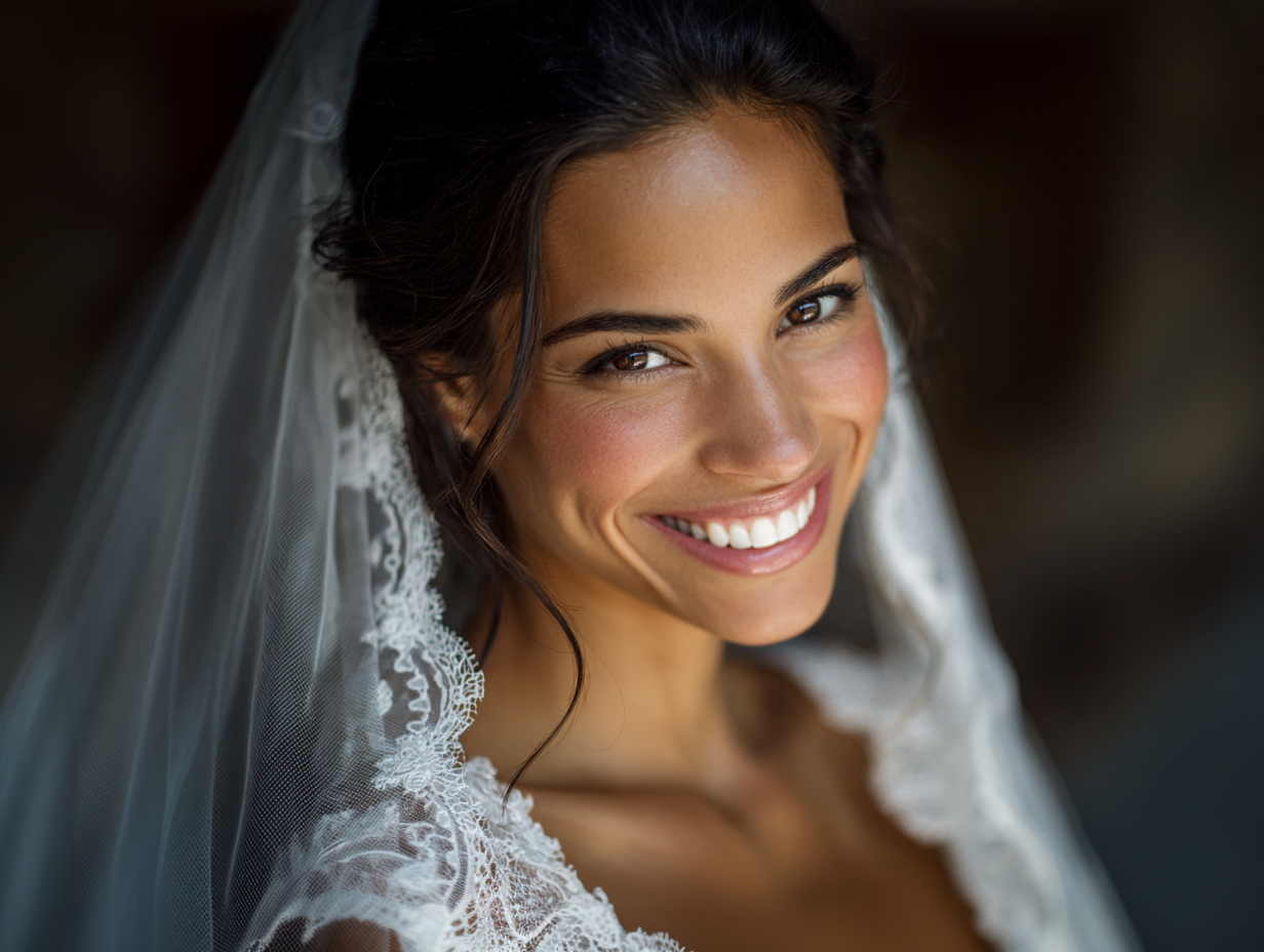 Woman smiling in wedding dress and veil