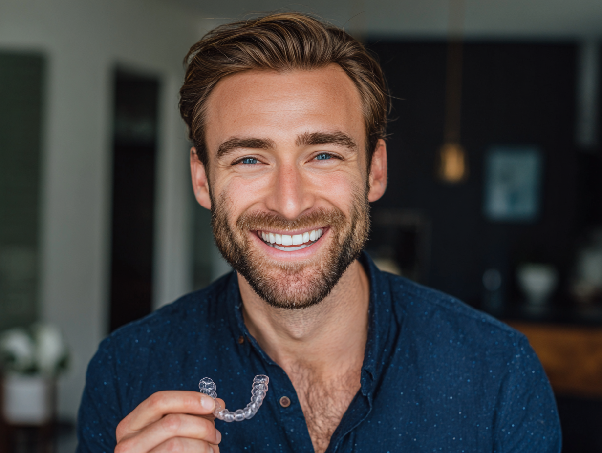 Man smiling while holding an Invisalign aligner