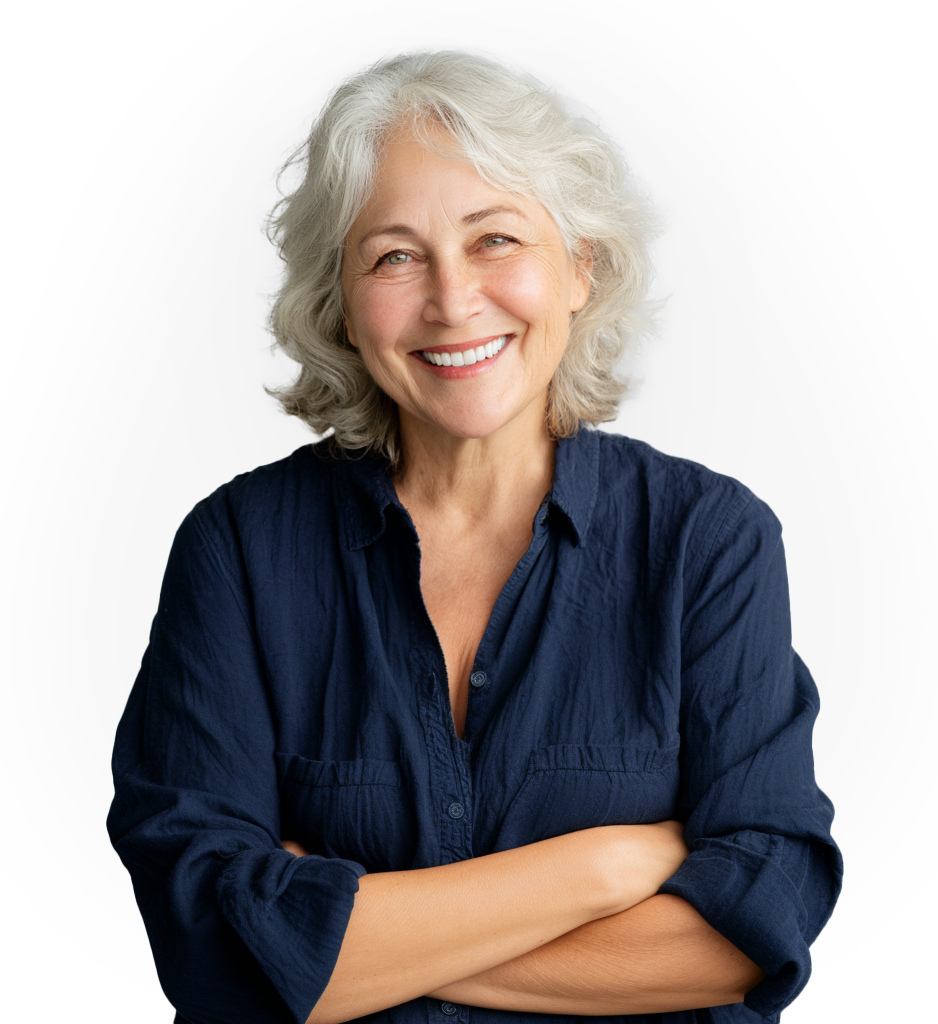 Smiling woman with gray curly hair wearing a dark blouse and crossing her arms
