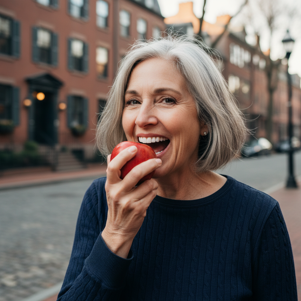 Senior woman biting an apple