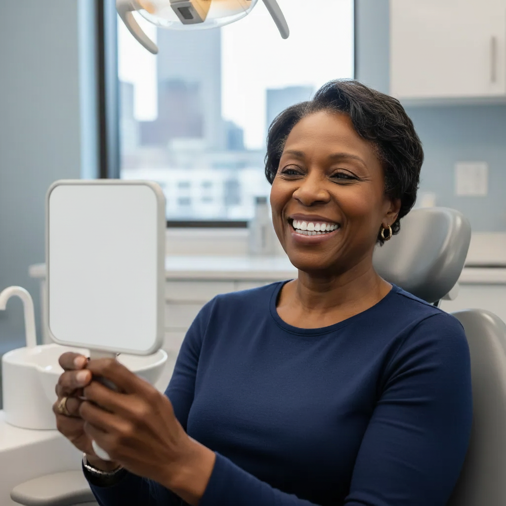 Senior woman smiling in a dental mirror