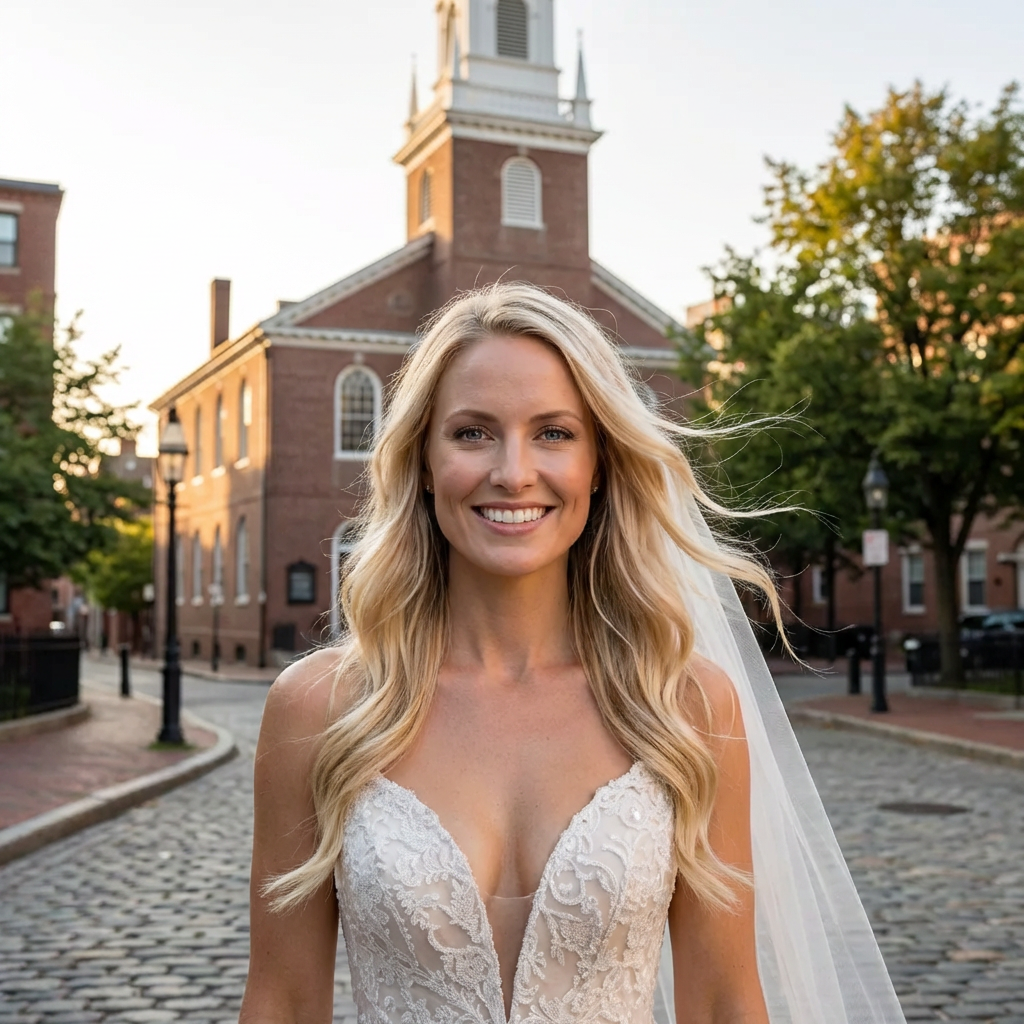 Bride smiling in front of a church
