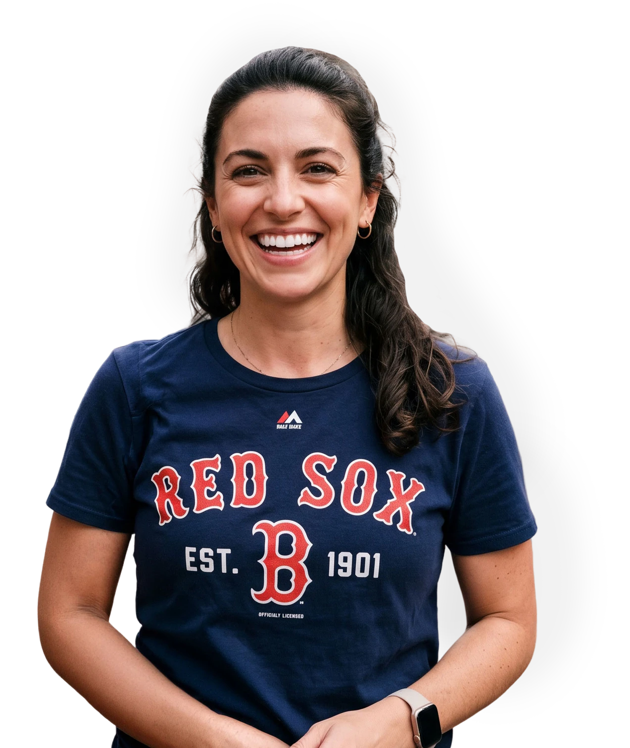 smiling woman in red sox jersey