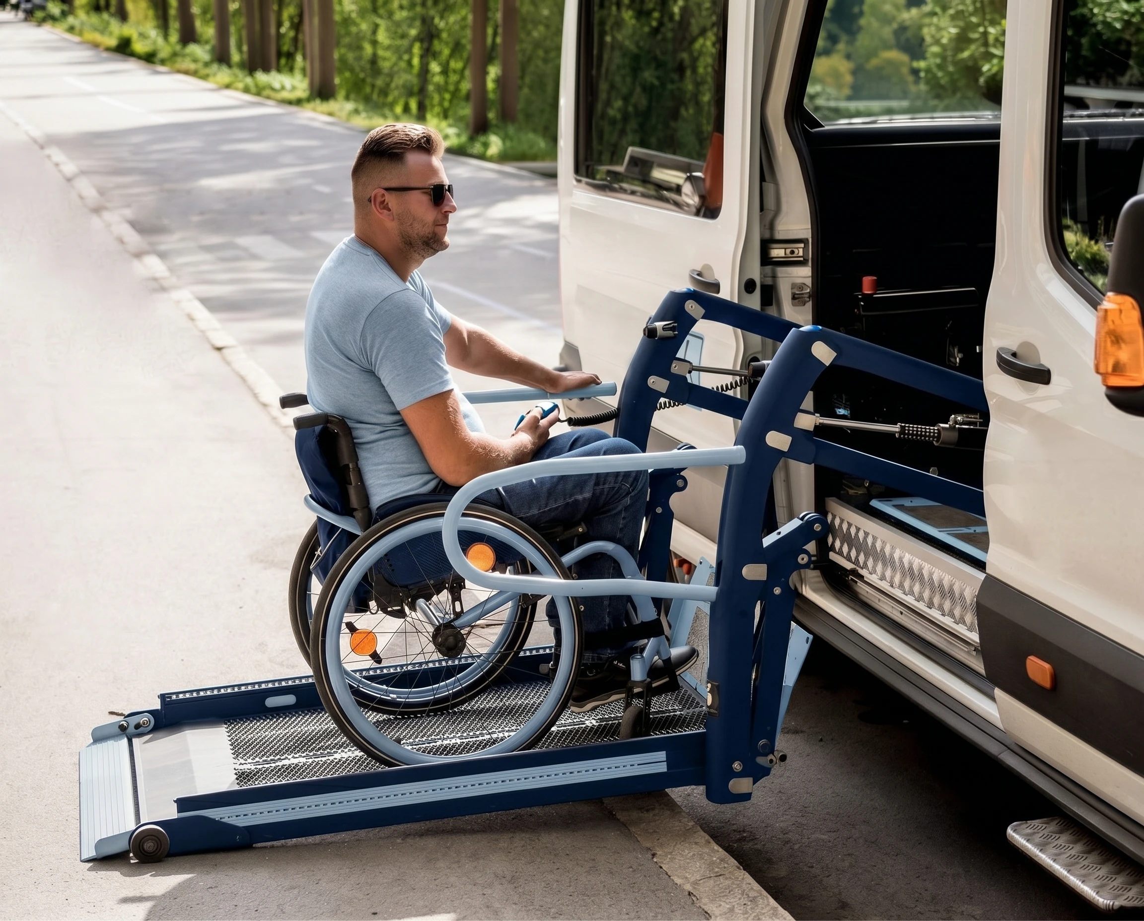 Man using wheelchair lift into a van