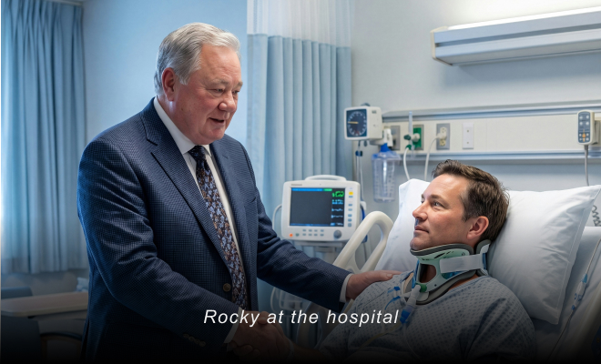 Rocky at hospital with client