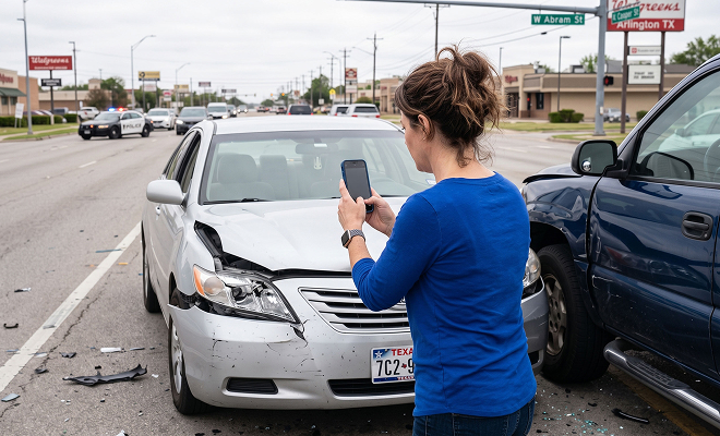 Woman taking a photo of damage to her car after a wreck