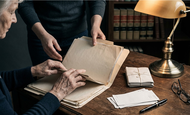 elderly woman looking at documents