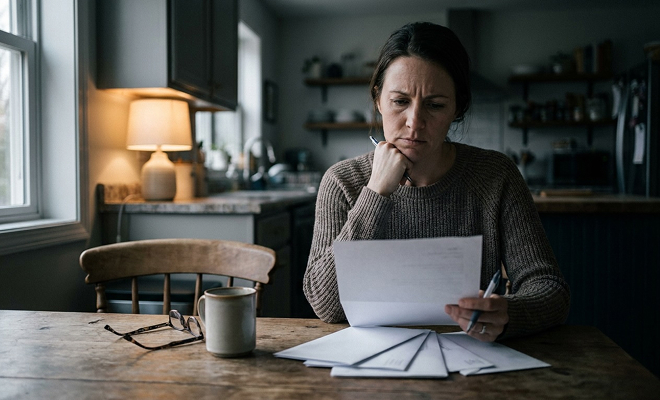 Woman looking at bills