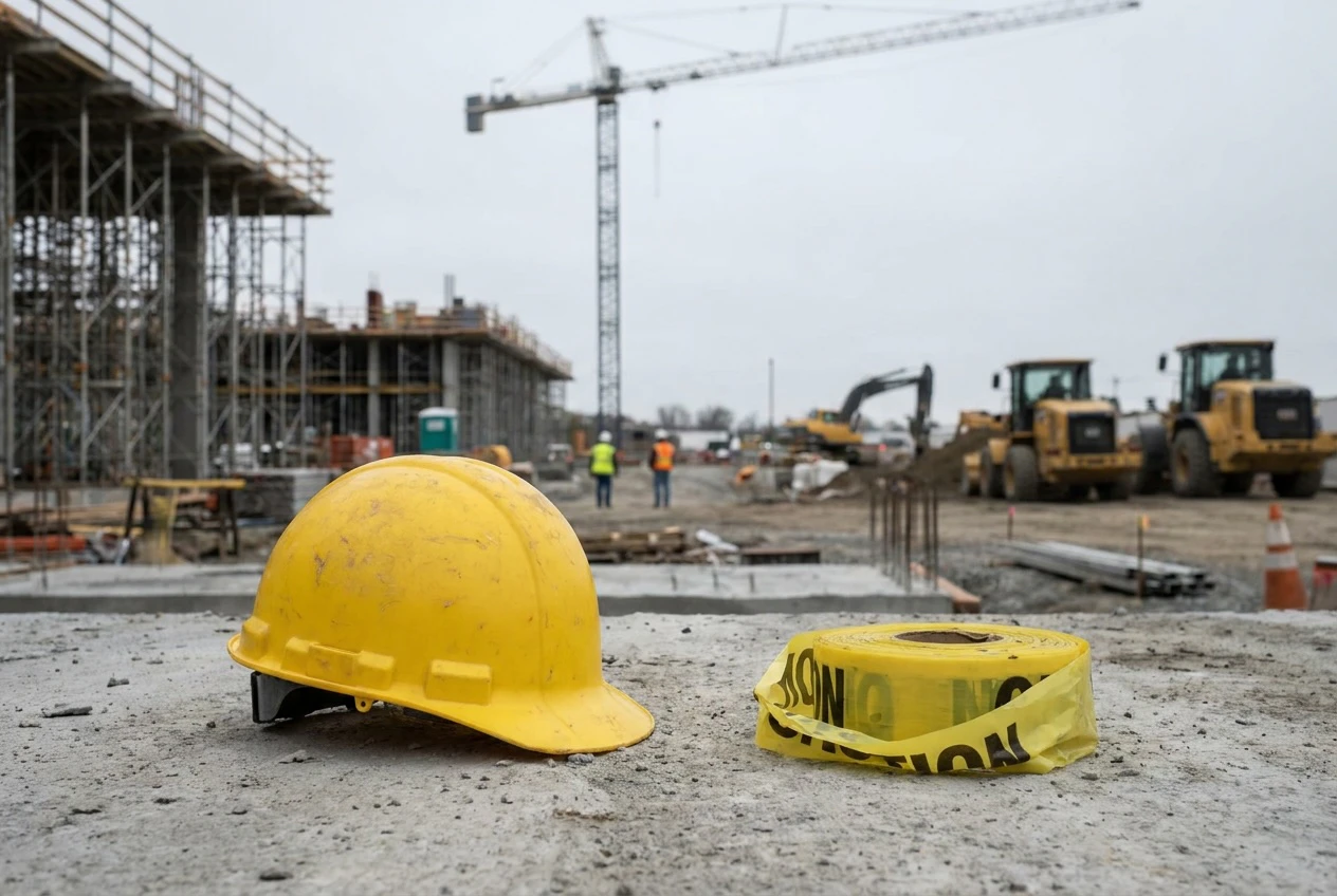 hard hat and construction tape at construction site
