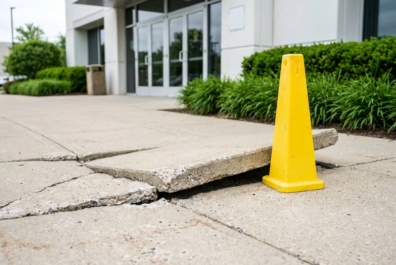 yellow cone by cracked sidewalk