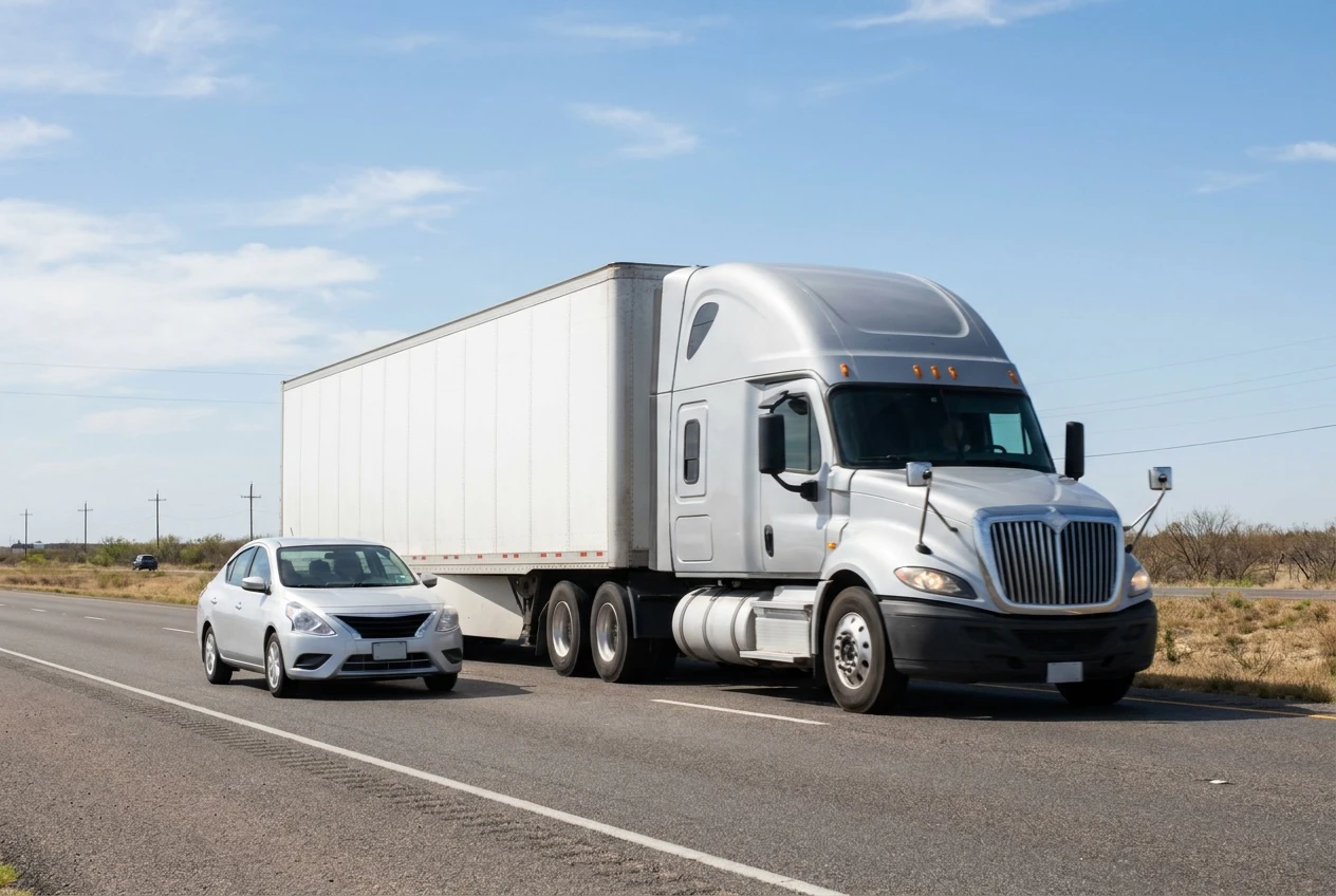 semi truck next to smal commuter car