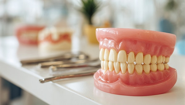 traditional dentures on a shelf
