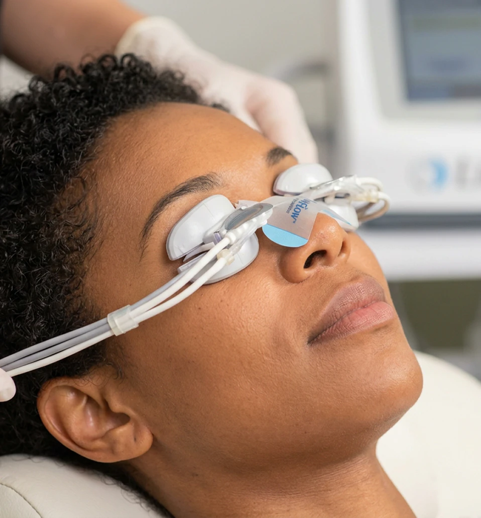 Patient receiving LipiFlow dry eye treatment