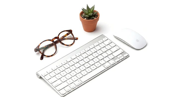 Image of eye glasses, plant, computer mouse, and keyboard