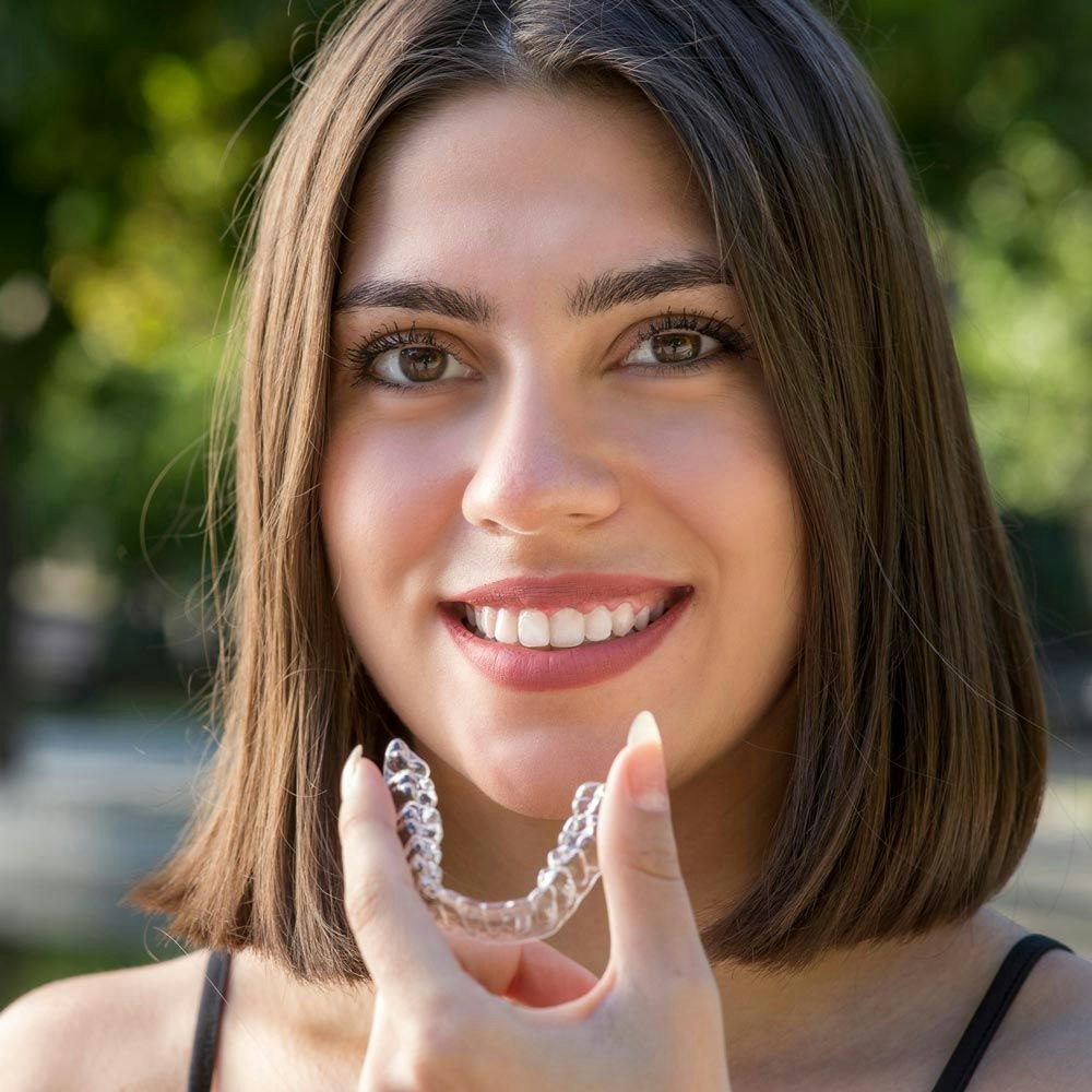 Woman with bob holding up Invisalign tray