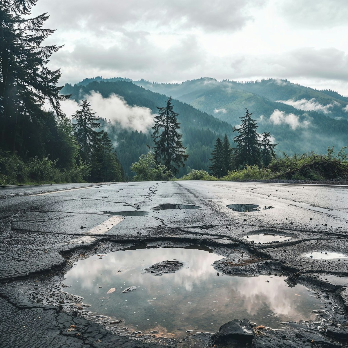 a large pothole on a wet road
