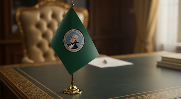 Washington state flag on desk