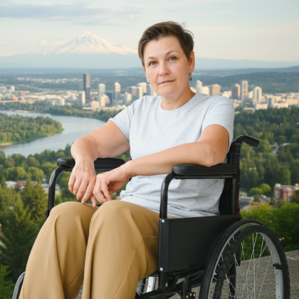 Woman in wheelchair Vancouver Washington in background