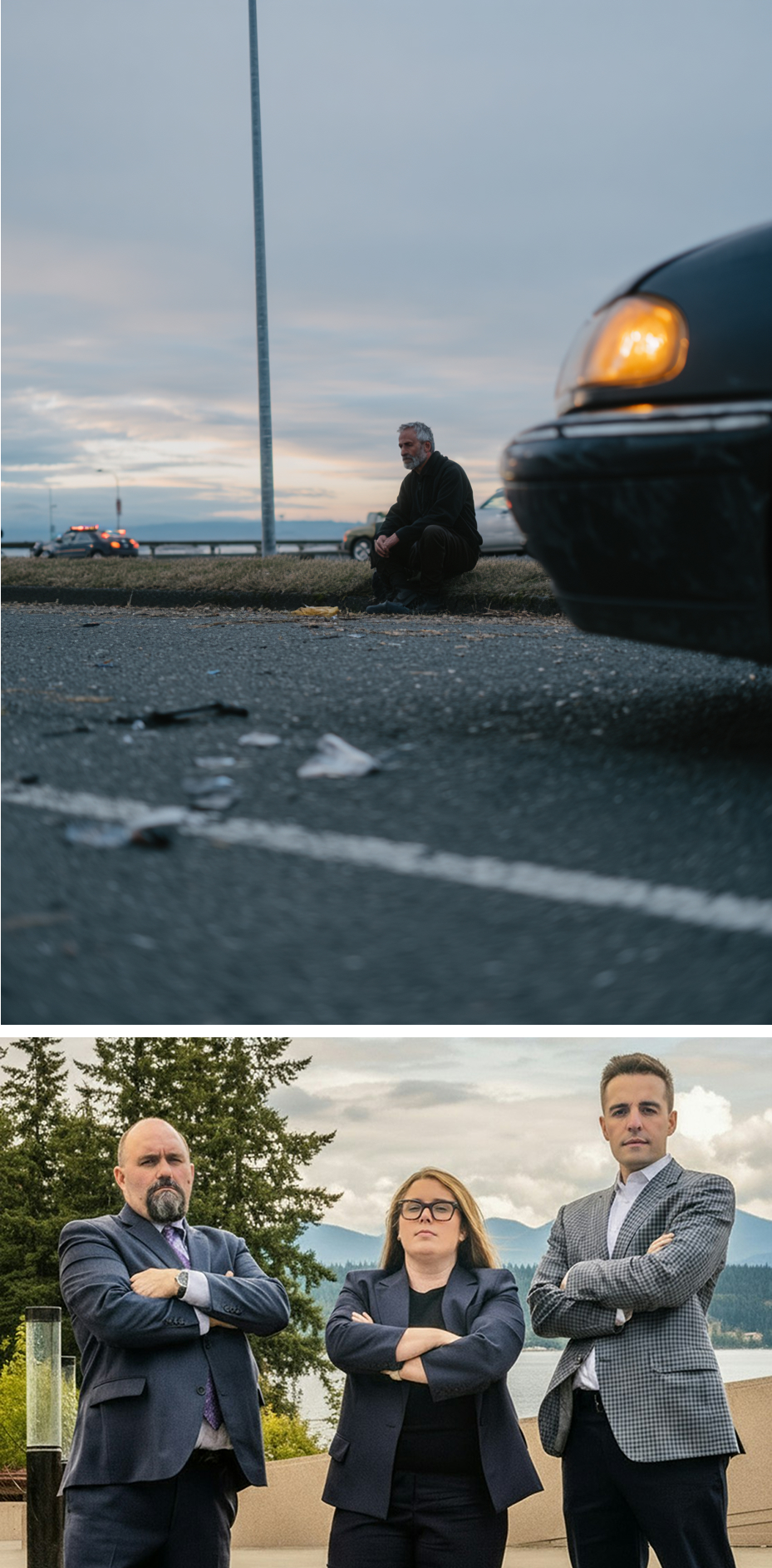 Dazed man sitting on road next to car and portrait of lawyers