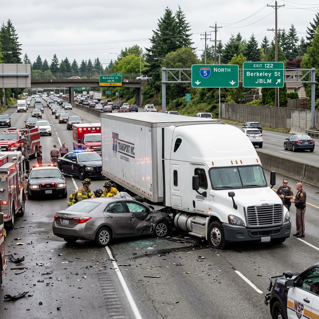 semi-truck car accident near the Berkeley Street interchange on the I-5 corridor through Lakewood and JBLM in Lakewood Washington