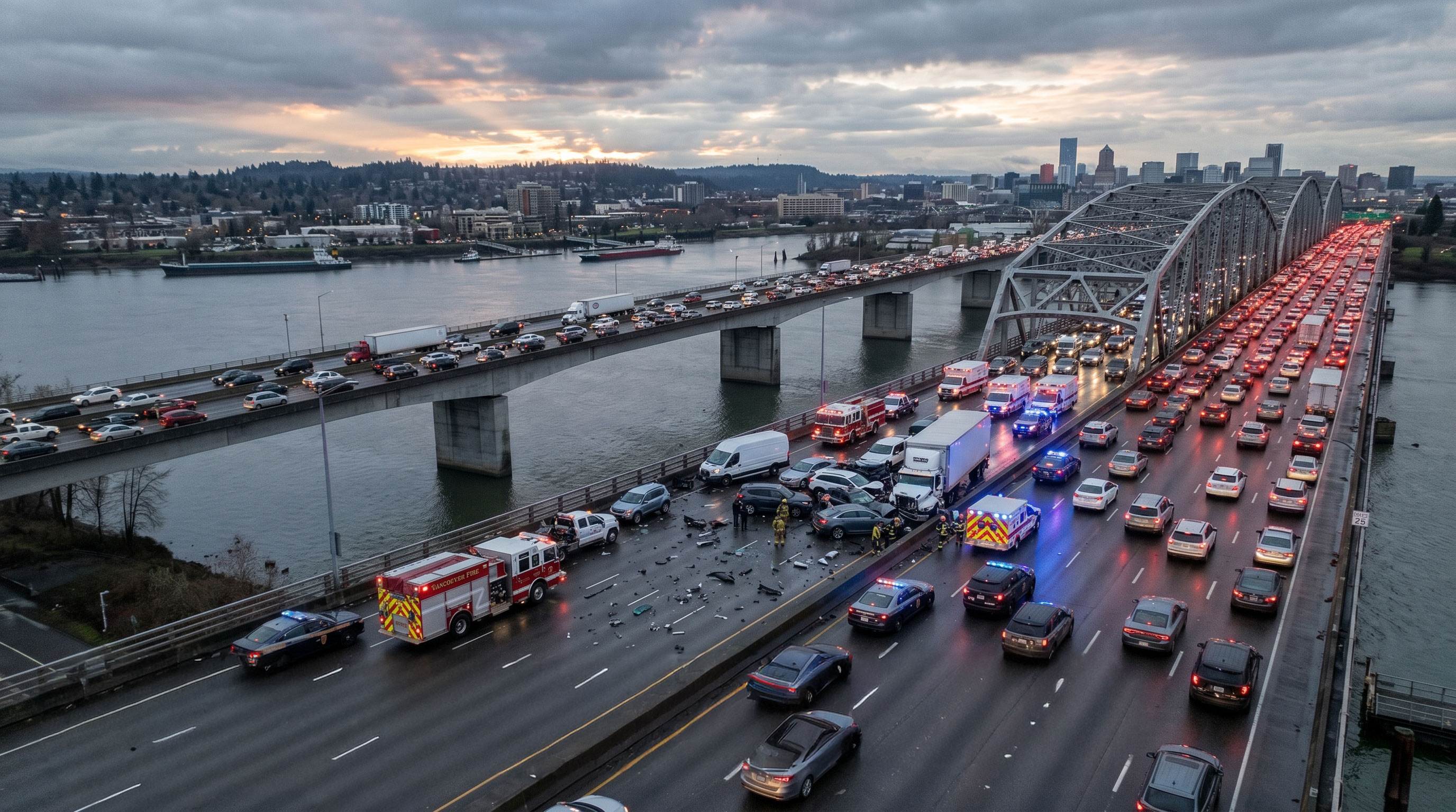 traffic jam in Vancouver Washington I-5 Interstate Bridge and I-205 Glenn Jackson Bridge