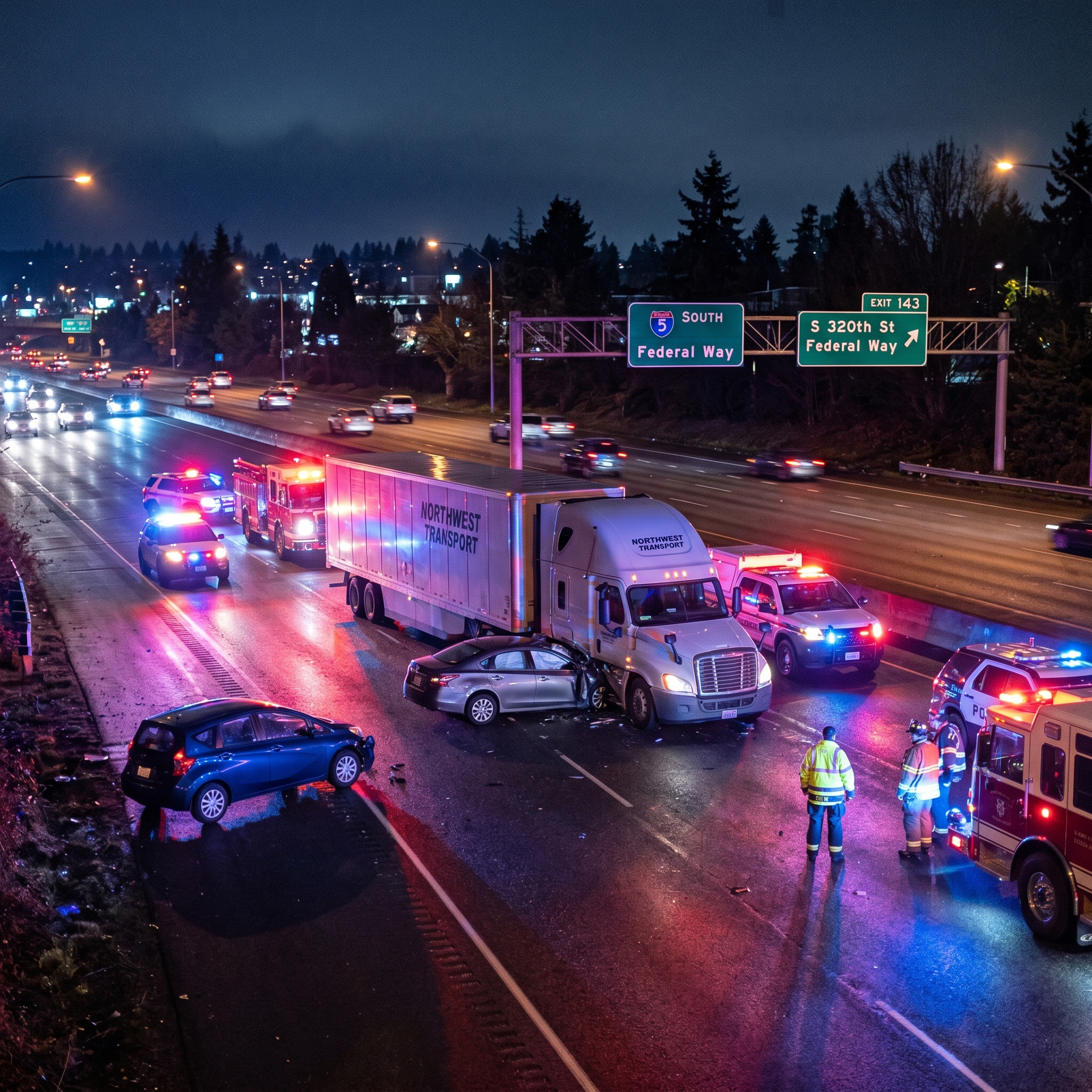 Major car accident with commercial vehicle at night on I-5 in Federal Way, Washington