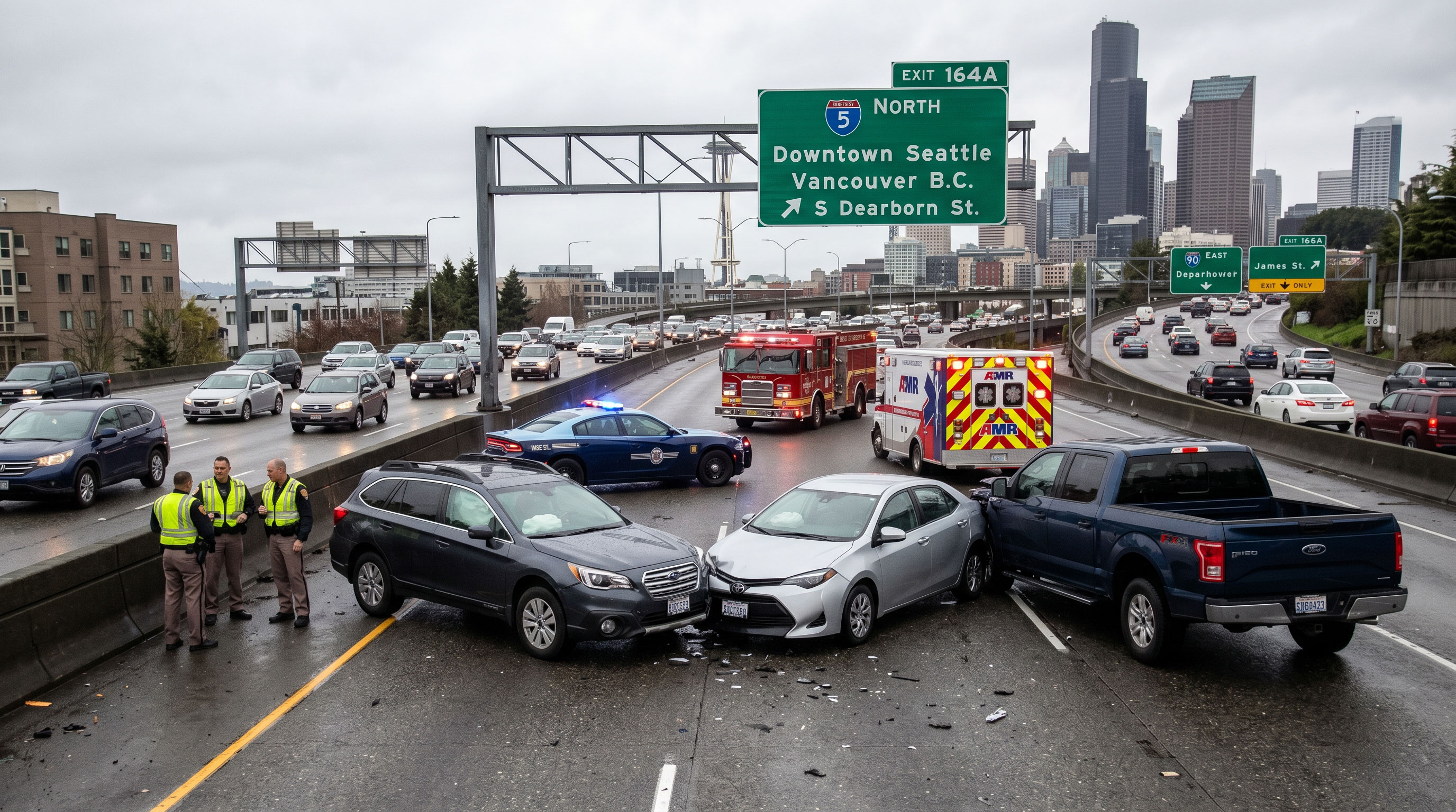 car crash on I-5 between South Dearborn Street and NE 145th Street in Seattle Washington