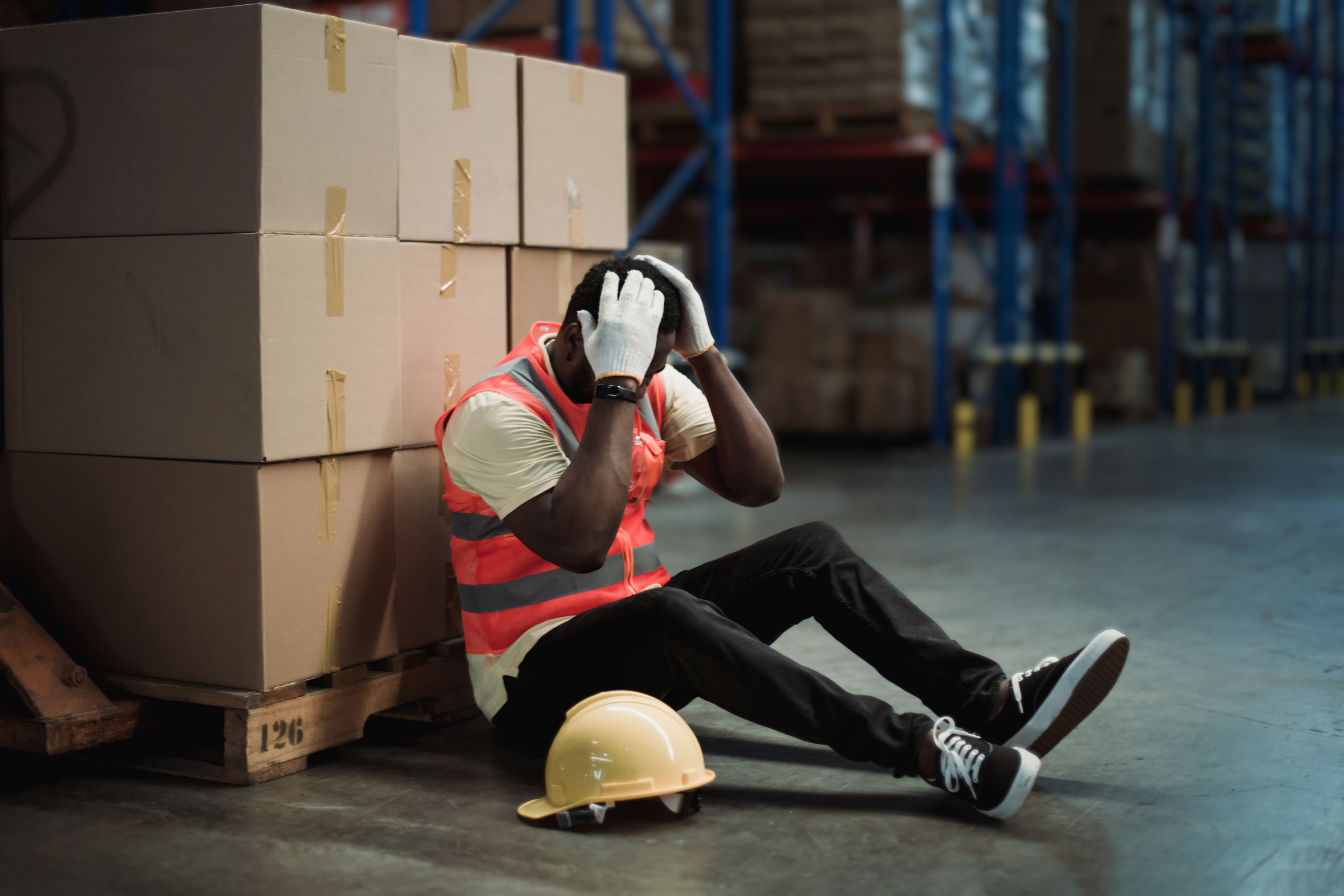 personal injury worker holding head at work in Lakewood Washington