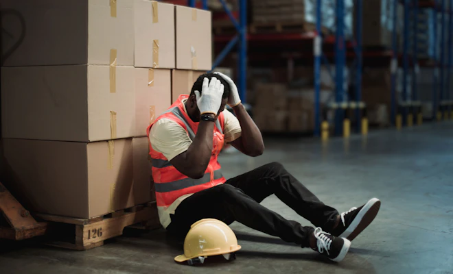 personal injury worker holding head at work in Lakewood Washington