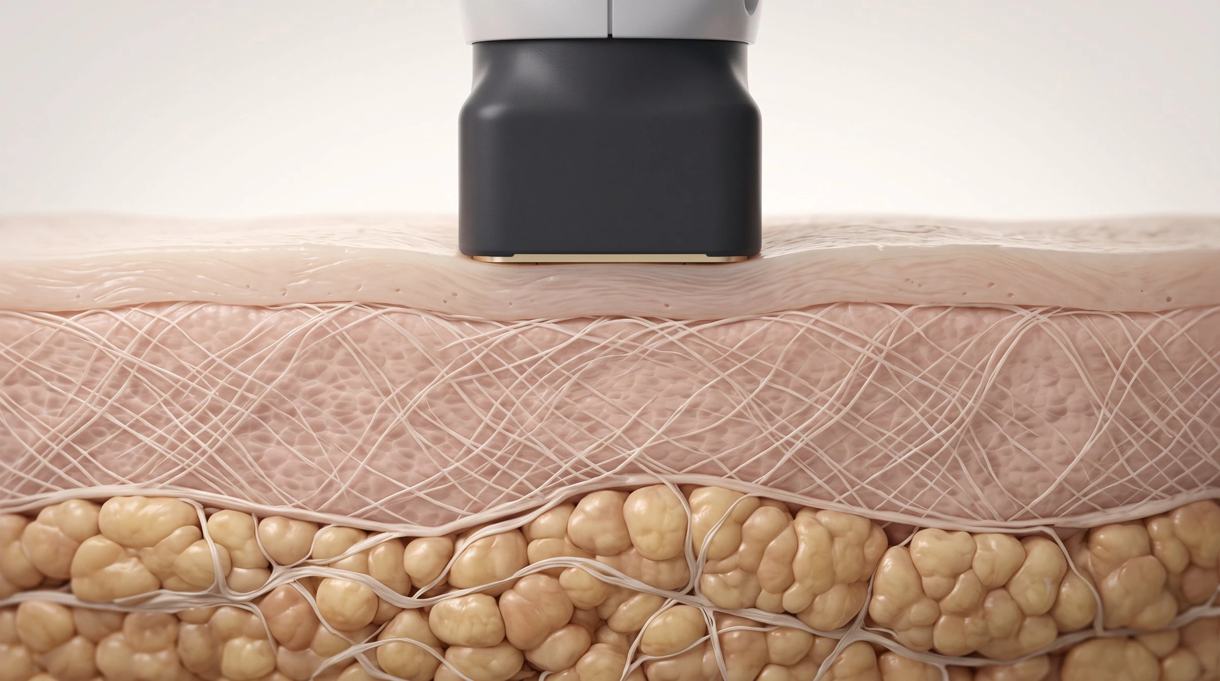 Illustration of the XERF treatment tip resting on the skin, with the layers of skin beneath it