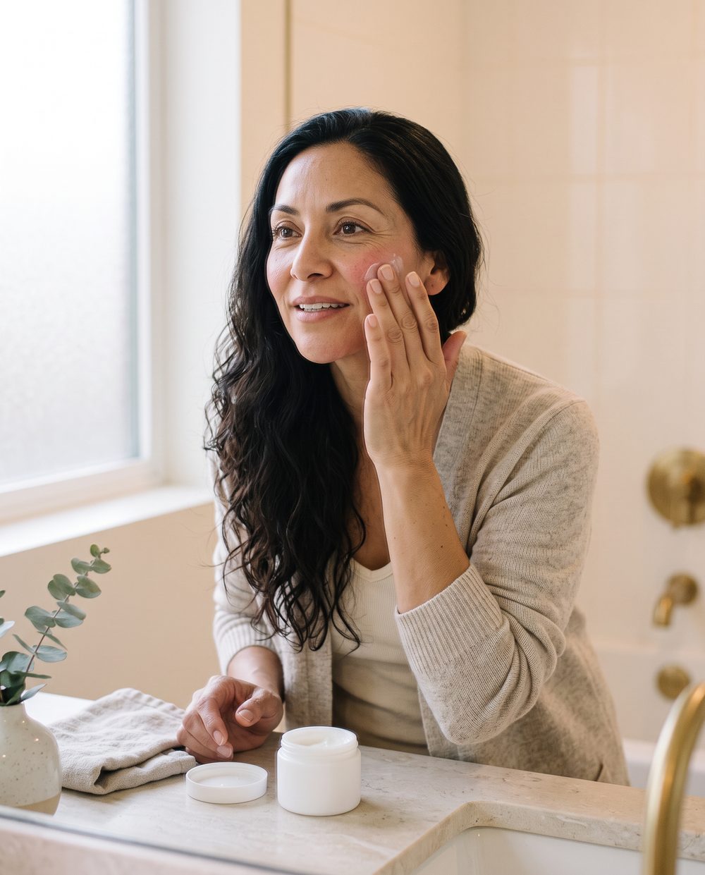 A woman smooths moisturizer onto her cheek at home after treatment