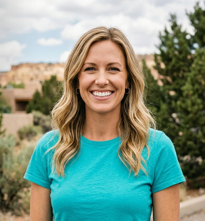 smiling woman in teal shirt